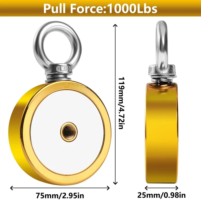 Alt view image 3 of 6 - 1000 LBS Fishing Magnet, 2.95 Inch Neodymium Magnet Fishing Kit Magnet Fishing Kit Includes Neodymium Magnet, Gloves, 65 Foot Rope, Grappling Hook, Golden Magnets for Treasure Hunting