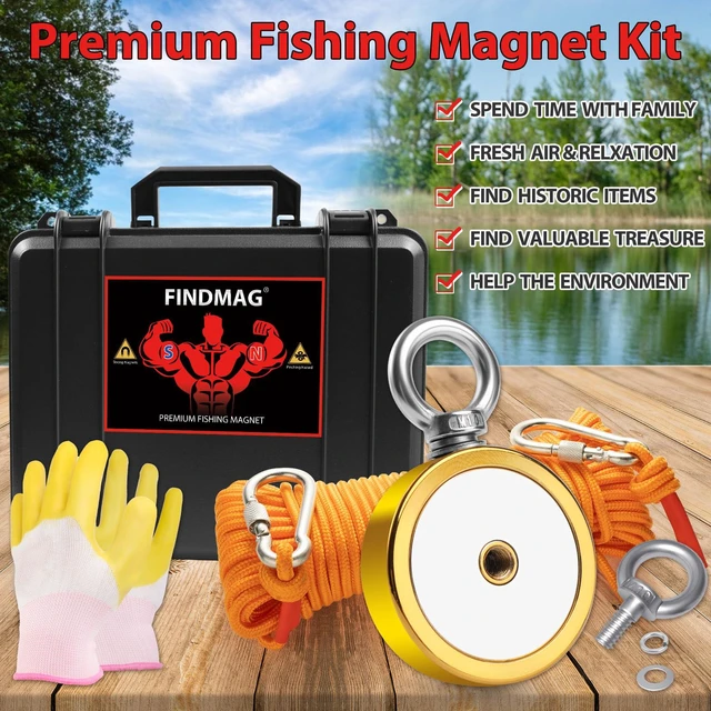Alt view image 4 of 6 - 1000 LBS Fishing Magnet, 2.95 Inch Neodymium Magnet Fishing Kit Magnet Fishing Kit Includes Neodymium Magnet, Gloves, 65 Foot Rope, Grappling Hook, Golden Magnets for Treasure Hunting