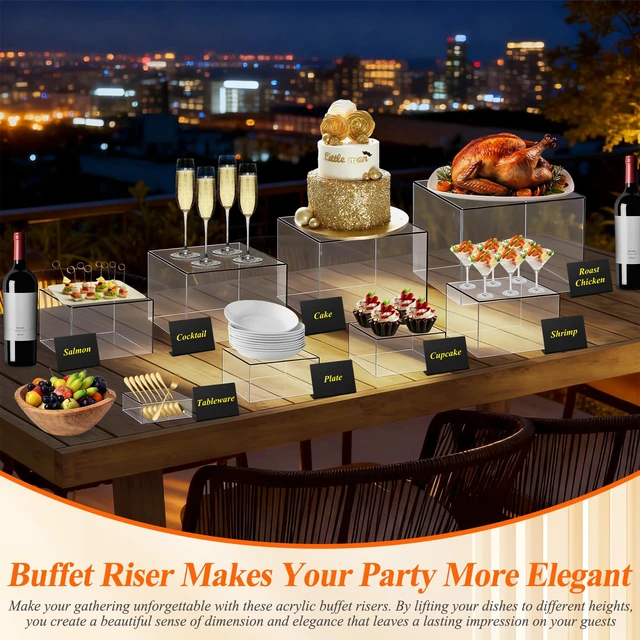 Alt view image 2 of 7 - 8 Pcs Clear Acrylic Buffet Risers with Mini Sign and Maker,Buffet Risers and Stands Clear Food Display Risers for Buffet Table Party Catering Dessert Cupcake Collectibles (8" 7" 6" 5" 5" 4" 4" 3")