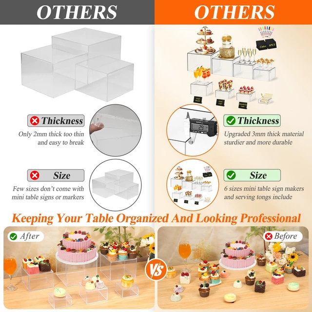 Alt view image 3 of 7 - 8 Pcs Clear Acrylic Buffet Risers with Mini Sign and Maker,Buffet Risers and Stands Clear Food Display Risers for Buffet Table Party Catering Dessert Cupcake Collectibles (8" 7" 6" 5" 5" 4" 4" 3")