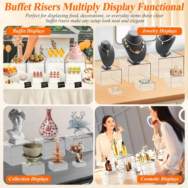 Alt view image 4 of 7 - 8 Pcs Clear Acrylic Buffet Risers with Mini Sign and Maker,Buffet Risers and Stands Clear Food Display Risers for Buffet Table Party Catering Dessert Cupcake Collectibles (8" 7" 6" 5" 5" 4" 4" 3")