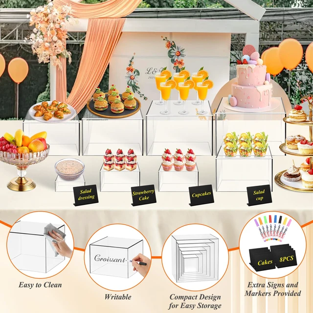 Alt view image 6 of 7 - 8 Pcs Clear Acrylic Buffet Risers with Mini Sign and Maker,Buffet Risers and Stands Clear Food Display Risers for Buffet Table Party Catering Dessert Cupcake Collectibles (8" 7" 6" 5" 5" 4" 4" 3")