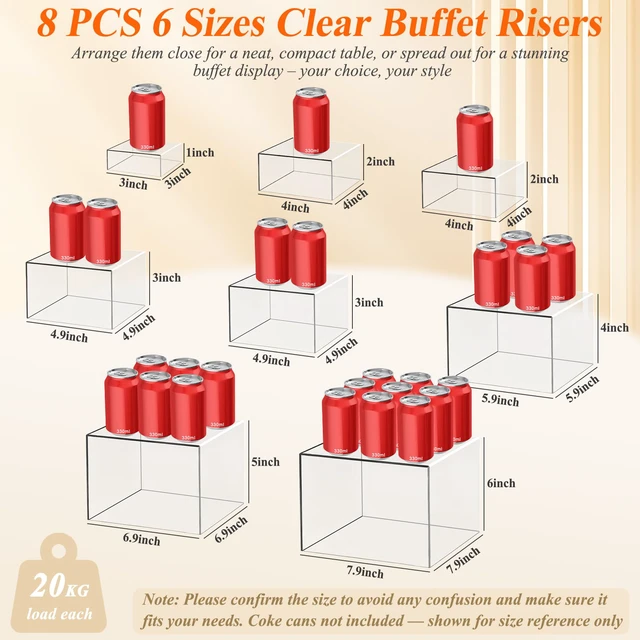 Alt view image 7 of 7 - 8 Pcs Clear Acrylic Buffet Risers with Mini Sign and Maker,Buffet Risers and Stands Clear Food Display Risers for Buffet Table Party Catering Dessert Cupcake Collectibles (8" 7" 6" 5" 5" 4" 4" 3")