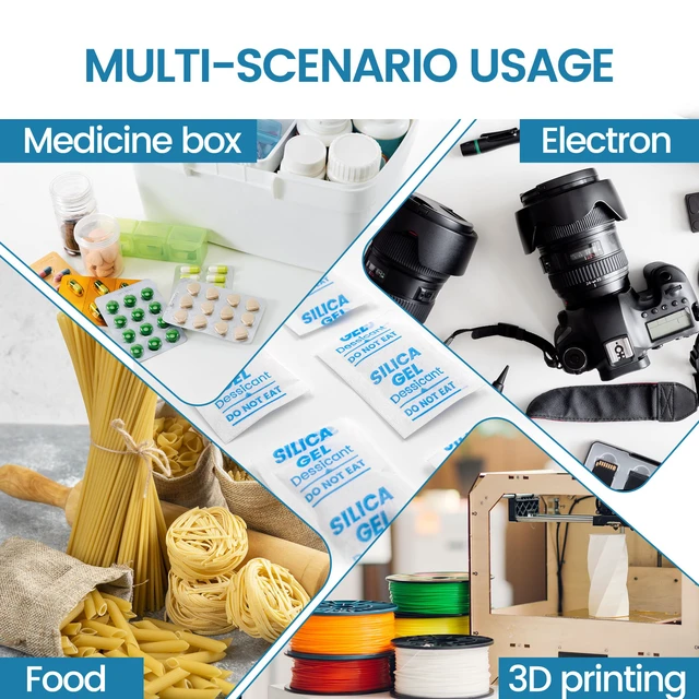 Alt view image 4 of 7 - 100PCS 5g Silica Gel Packets, Moisture Absorbers Desiccant Packs for Storage, Clothes, Shoes, Electronics, 3D Printer Filament, Jewelry, Spices, Safes, Tools