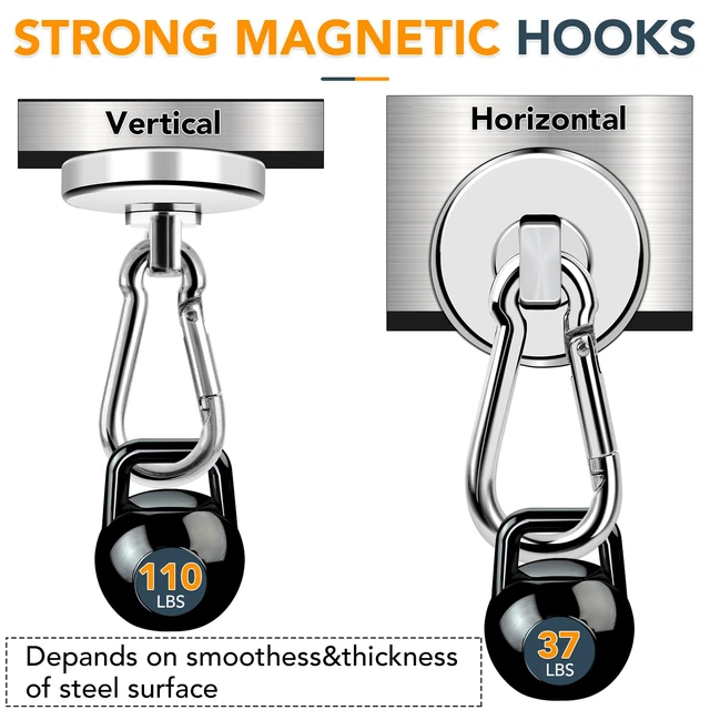 Alt view image 2 of 7 - Magnetic Hooks Heavy Duty 110LBS+ Strong Neodymium Magnets With Swivel Carabiner Hook Magnets with Hooks Magnetic Hangers for Locker Kitchen Cruise Cabin Office 10 Pack