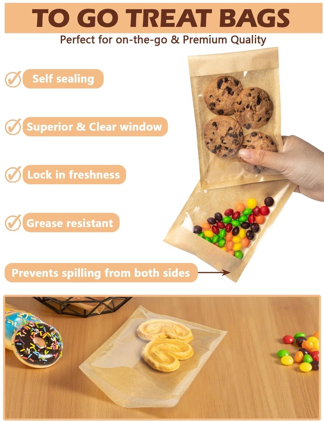 Alt view image 3 of 6 - 200 Pack Self Sealing Cookie Bags with Seal, 4x6 Inch Cookie Bags with Window for Gift Giving, Grease Resistant Bakery Treat Packaging for Candy, Snack, Scone, Brownie, Small Pastries and other Treats
