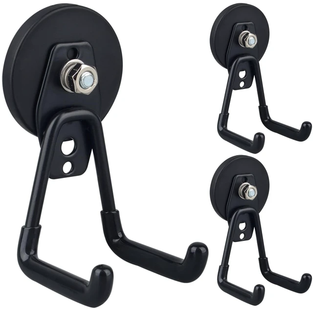 Main image of Heavy Duty Magnetic Garage Hooks,3 Pack Strong Large Magnet Hooks for Power Drill,Garden Tools,Hose,Pegboard,Garage, Workshop,Magnetic Storage Hook for Indoor Outdoor Hanging(Black)