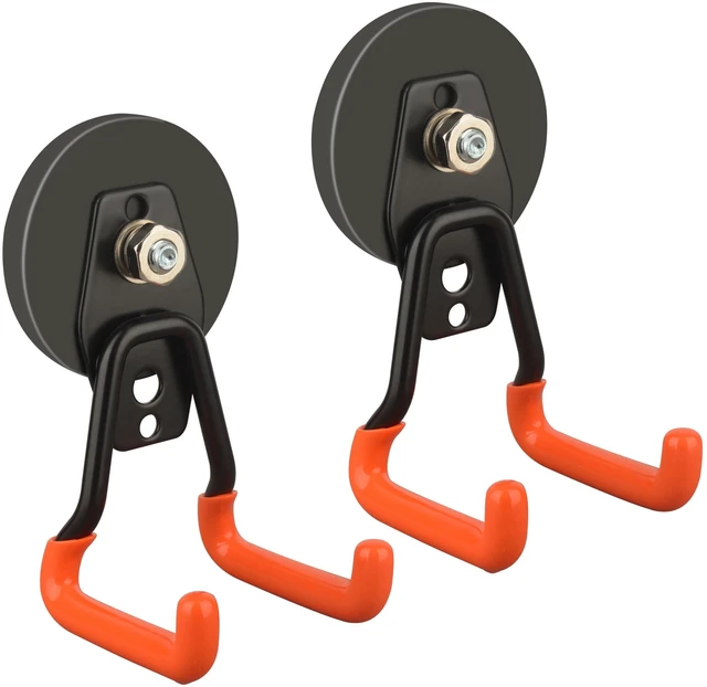 Main image of New Upgraded Heavy Duty Magnetic Garage Hooks,2 Pack Strong Large Magnet Hooks for Power Drill,Garden Tools,Hose,Pegboard,Garage, Workshop,Magnetic Storage Hook for Hanging(Orange)
