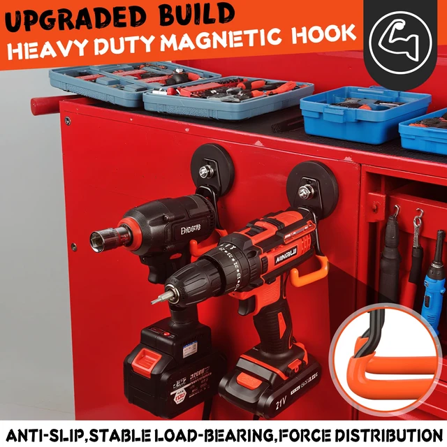 Alt view image 3 of 7 - New Upgraded Heavy Duty Magnetic Garage Hooks,2 Pack Strong Large Magnet Hooks for Power Drill,Garden Tools,Hose,Pegboard,Garage, Workshop,Magnetic Storage Hook for Hanging(Orange)