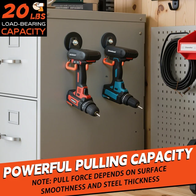 Alt view image 5 of 7 - New Upgraded Heavy Duty Magnetic Garage Hooks,2 Pack Strong Large Magnet Hooks for Power Drill,Garden Tools,Hose,Pegboard,Garage, Workshop,Magnetic Storage Hook for Hanging(Orange)