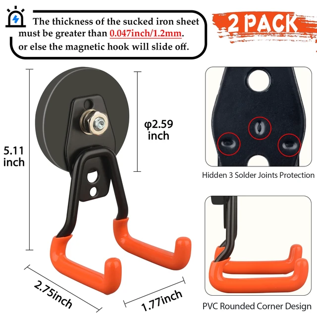 Alt view image 2 of 7 - New Upgraded Heavy Duty Magnetic Garage Hooks,2 Pack Strong Large Magnet Hooks for Power Drill,Garden Tools,Hose,Pegboard,Garage, Workshop,Magnetic Storage Hook for Hanging(Orange)