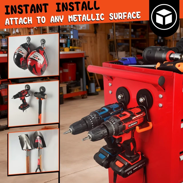 Alt view image 6 of 7 - New Upgraded Heavy Duty Magnetic Garage Hooks,2 Pack Strong Large Magnet Hooks for Power Drill,Garden Tools,Hose,Pegboard,Garage, Workshop,Magnetic Storage Hook for Hanging(Orange)