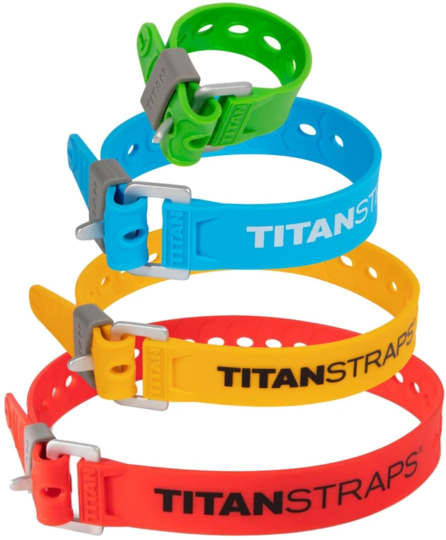 Main image of Titan Utility Straps Safety Strap Set to Secure Splits, Cargo Bikes, Garden Hoses, Wood Working Projects, 60lb. Working Load, 09"/14"/18"/25" Length, 09" Green/14 Blue/18 Yellow/25 Orange, 4-Pack