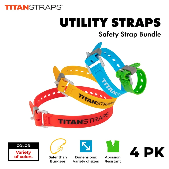 Alt view image 2 of 5 - Titan Utility Straps Safety Strap Set to Secure Splits, Cargo Bikes, Garden Hoses, Wood Working Projects, 60lb. Working Load, 09"/14"/18"/25" Length, 09" Green/14 Blue/18 Yellow/25 Orange, 4-Pack