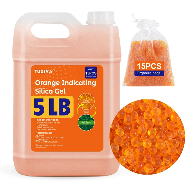Main image of 5 LBS Orange Indicating Silica Gel Desiccant Beads Reusable Industry Standard 3-5 mm, Rechargeable Silica Gel Beads for 3D Filament, Electronic, Camera, Jewelry 15PCS Organza Bag