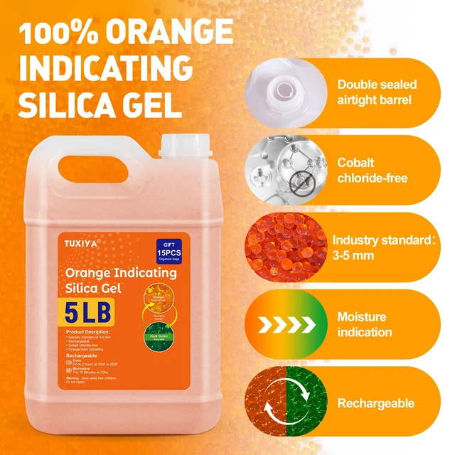 Alt view image 3 of 7 - 5 LBS Orange Indicating Silica Gel Desiccant Beads Reusable Industry Standard 3-5 mm, Rechargeable Silica Gel Beads for 3D Filament, Electronic, Camera, Jewelry 15PCS Organza Bag
