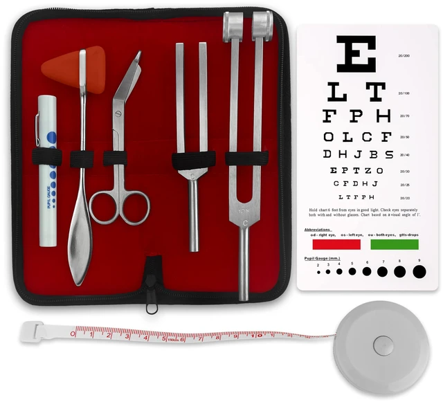 Main image of Premium 7 Piece Silver Diagnostic Kit - Taylor Hammer, Measuring Tape, Tuning Forks, Bandage Scissors, Pupil Gauge Penlight, Snellen Eye Chart (Silver)