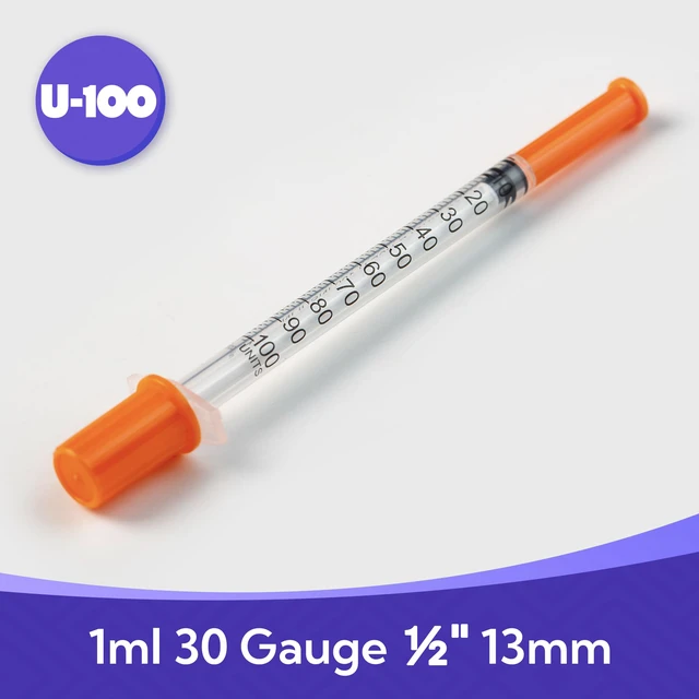 Alt view image 2 of 7 - U-100 Syringes 30G x 1/2" 13mm Needle 1ml/cc Disposable Syringe with Cap, Individually Wrapped, 50 Pack