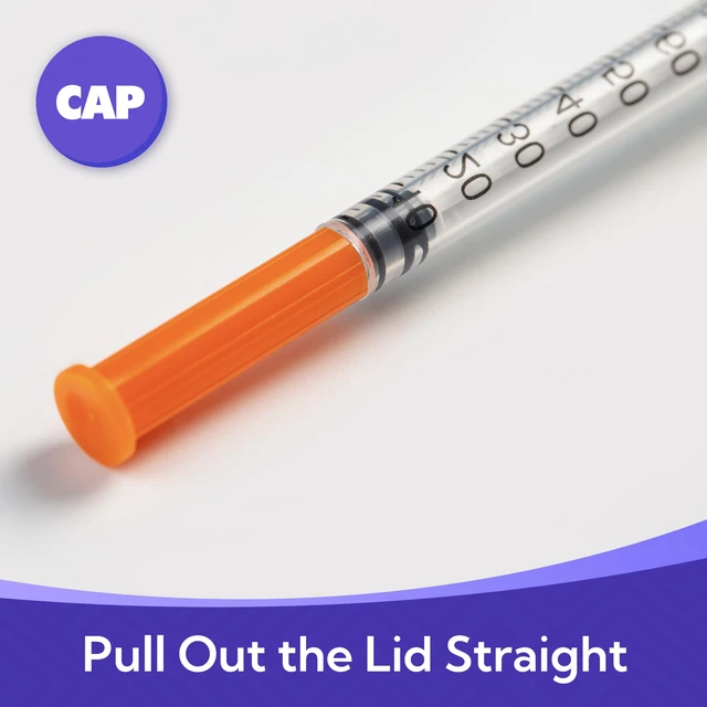 Alt view image 6 of 7 - U-100 Syringes 30G x 1/2" 13mm Needle 1ml/cc Disposable Syringe with Cap, Individually Wrapped, 50 Pack
