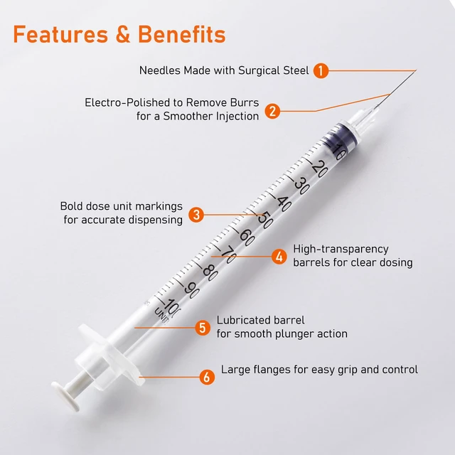 Alt view image 3 of 7 - 29 Gauge 1cc 1/2 inch Syringe - U 100 1ml Syringe with Needle, 100Pack Disposable Lab Dispensing Supplies