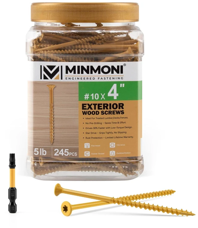 Main image of #10 x 4'' Wood Deck Screws 245pcs (5lb Box), Torx Flat-Head Exterior Screws, Multiple Size Available, Tan, T25 Star Bit Included
