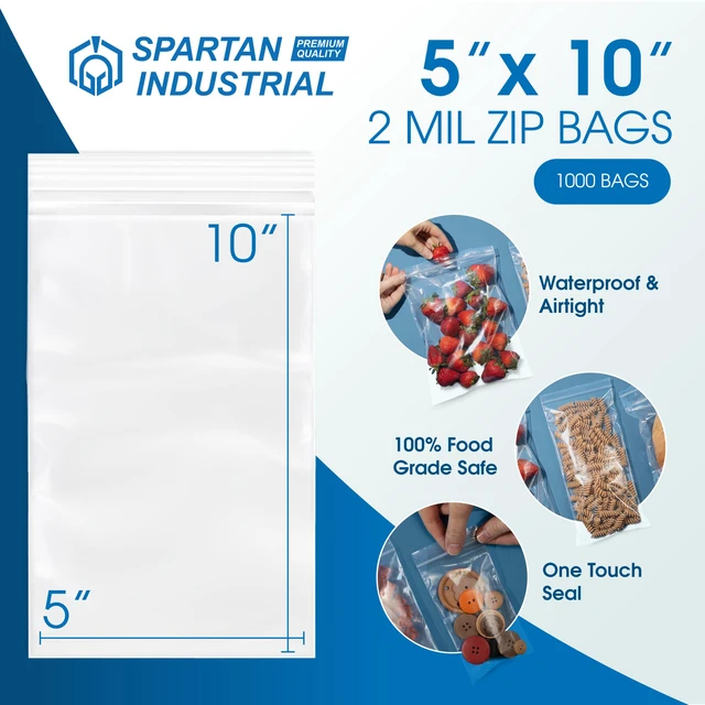 Alt view image 2 of 6 - 5 X 10 (1000 Count) 2 Mil Clear Reclosable Zip Plastic Poly Bags with Resealable Lock Seal Zipper