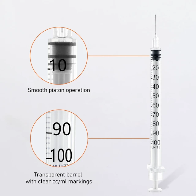 Alt view image 5 of 7 - 29 Gauge 1cc 1/2 inch Syringe - U 100 1ml Syringe with Needle, 100Pack Disposable Lab Dispensing Supplies