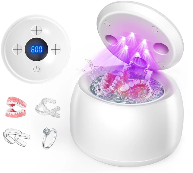Main image of Ultrasonic Retainer Cleaner Machine with UV Light - 45kHz Deep Cleaning Pod for Dentures, Aligners, Night Guards - Includes Cleaning Brush, 200ml Capacity (White)