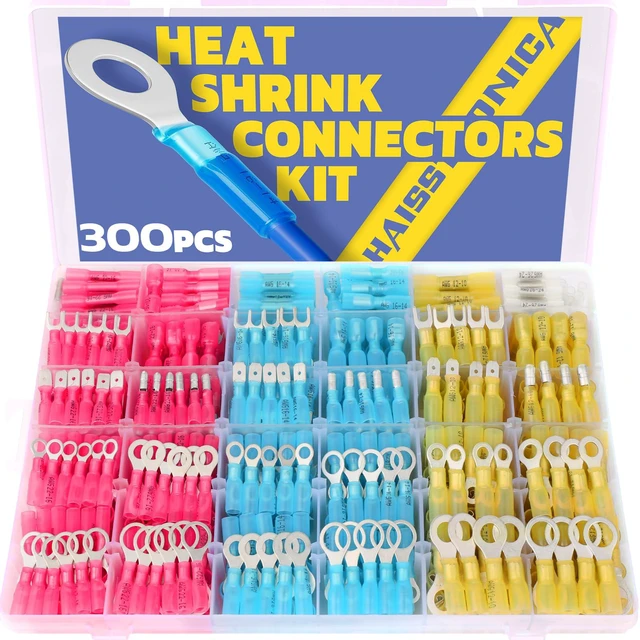 Main image of 300PCS Heat Shrink Wire Connectors, 26-10 AWG, 4Colors/31Sizes Marine Grade Ring, Fork, Spade, Bullet & Butt Terminals, Multiple Automotive & Boat Wiring Tasks, Electrical Connectors