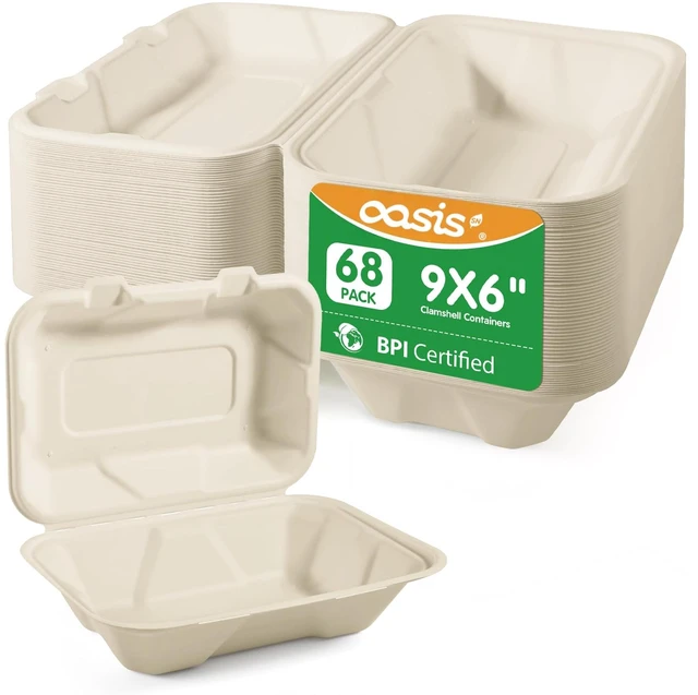 Main image of 9x6x3 Inch 68 Pack Clamshell Take Out Food Containers, Compostable Disposable Paper To Go Boxes with Lids, Heavy Duty Sugarcane Bagasse Lunch Boxes for Leftovers, Meal Prep & Takeout, Natural