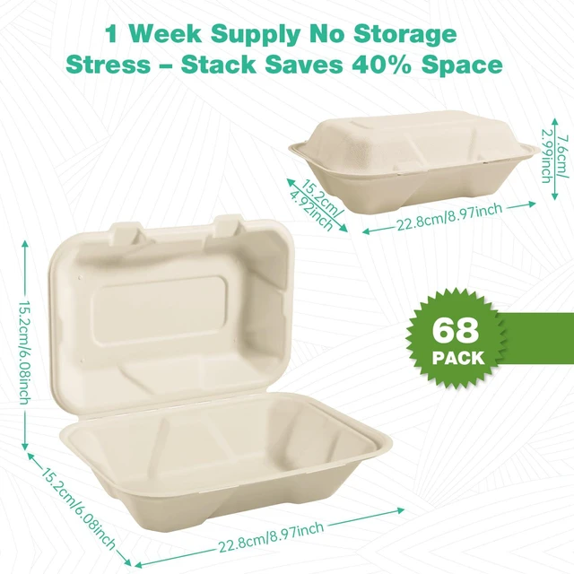 Alt view image 2 of 7 - 9x6x3 Inch 68 Pack Clamshell Take Out Food Containers, Compostable Disposable Paper To Go Boxes with Lids, Heavy Duty Sugarcane Bagasse Lunch Boxes for Leftovers, Meal Prep & Takeout, Natural