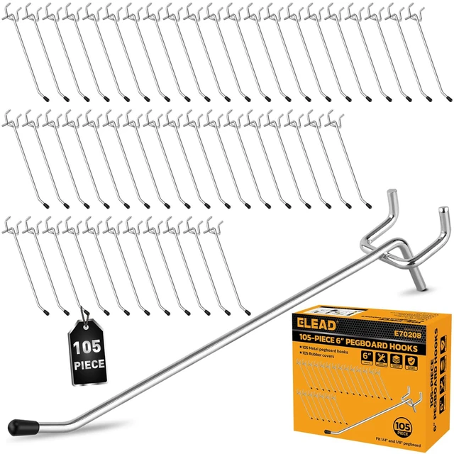Main image of 105-Piece 6 Inch Pegboard Hooks, Heavy Duty Peg Board Organizer Accessories, Peg Board Tool Hangers Fit for 1/4" and 1/8" Pegboard Hanging Tools Garage, Workshop, and Craft Storage