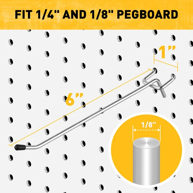 Alt view image 3 of 7 - 105-Piece 6 Inch Pegboard Hooks, Heavy Duty Peg Board Organizer Accessories, Peg Board Tool Hangers Fit for 1/4" and 1/8" Pegboard Hanging Tools Garage, Workshop, and Craft Storage