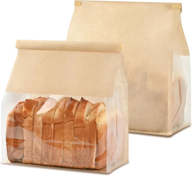 Main image of Paper Bread Bags for Homemade Breads, 100 PCS, 11" x 8.7" x 4.3" Tin Tie Tab Lock, Window, Kraft Bakery Bag, For Sourdough Bread Baked Food