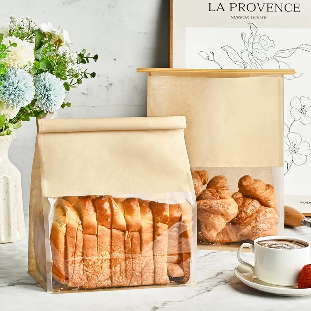 Alt view image 2 of 7 - Paper Bread Bags for Homemade Breads, 100 PCS, 11" x 8.7" x 4.3" Tin Tie Tab Lock, Window, Kraft Bakery Bag, For Sourdough Bread Baked Food