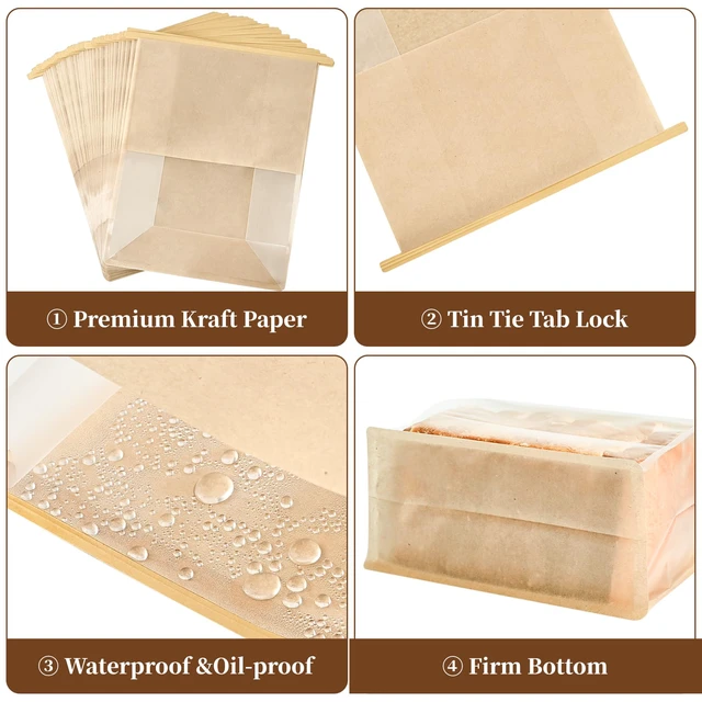 Alt view image 4 of 7 - Paper Bread Bags for Homemade Breads, 100 PCS, 11" x 8.7" x 4.3" Tin Tie Tab Lock, Window, Kraft Bakery Bag, For Sourdough Bread Baked Food