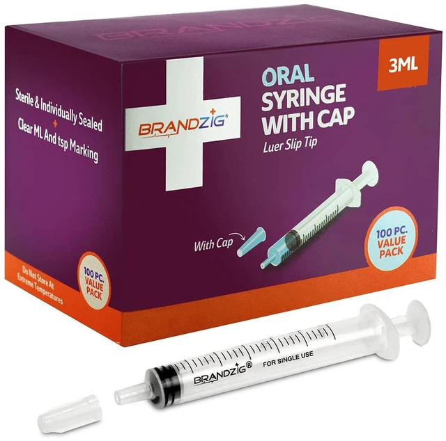 Main image of 3ml Syringe With Cap (100 Pack) | Oral Dispenser Without Needle, Luer Slip Tip | Individually Wrapped Medicine Dropper For Infants & Pets