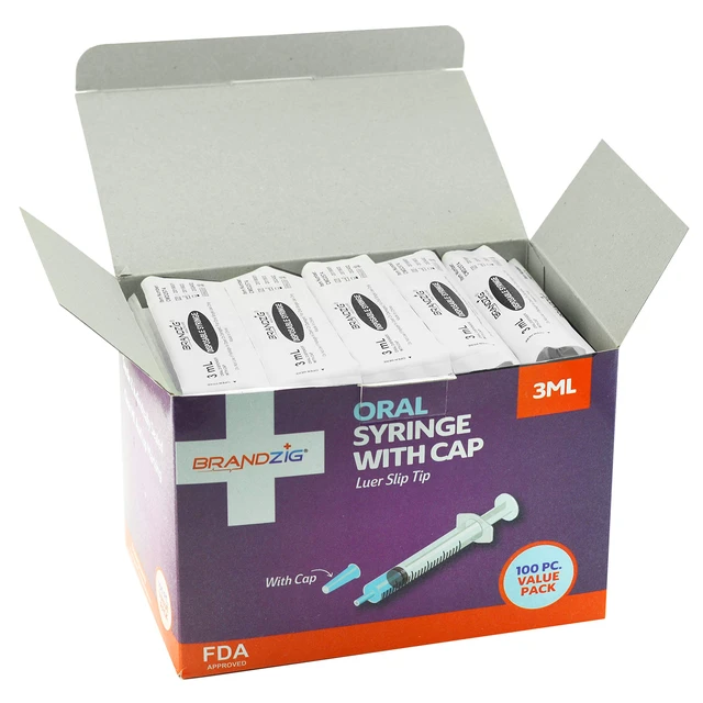Alt view image 5 of 5 - 3ml Syringe With Cap (100 Pack) | Oral Dispenser Without Needle, Luer Slip Tip | Individually Wrapped Medicine Dropper For Infants & Pets