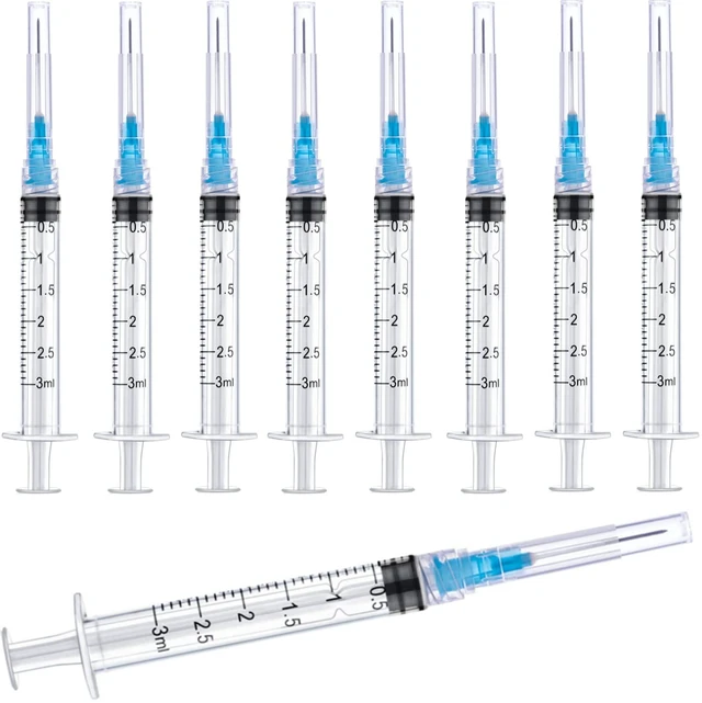 Main image of 100 Pack 3ml/cc Plastic Luer Lock Syringa with 23Ga and Cap, Individually Sealed Wrapped, for Scientific Labs, Measuring Liquid, Refilling Cartridges or Glue Applicator