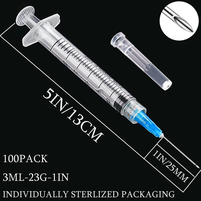 Alt view image 2 of 6 - 100 Pack 3ml/cc Plastic Luer Lock Syringa with 23Ga and Cap, Individually Sealed Wrapped, for Scientific Labs, Measuring Liquid, Refilling Cartridges or Glue Applicator