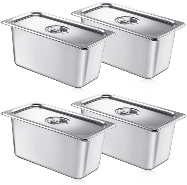 Main image of 4 Pack Stainless 1/3 Size x 6 Inch Deep Steam Table Pans with Lids Designed for Serving and Food Prep at Buffets, Restaurants, Hotels, Parties, and Home Kitchens; Reusable and Stackable