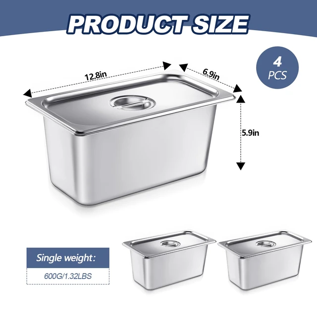 Alt view image 2 of 6 - 4 Pack Stainless 1/3 Size x 6 Inch Deep Steam Table Pans with Lids Designed for Serving and Food Prep at Buffets, Restaurants, Hotels, Parties, and Home Kitchens; Reusable and Stackable