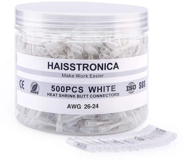 Main image of 500PCS Heat Shrink Butt Connectors, 26-24 AWG White 3:1 adhesive-lined heat shrink, built-in wire stop, single-size bulk pack for stereo, speaker, and small-wire applications