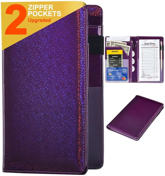 Main image of Server Books for Waitress - Glitter Leather Waiter Book Server Wallet with Zipper Pocket, Cute Waitress Book&Waitstaff Organizer with Money Pocket Fit Server Apron (Glitter Purple)
