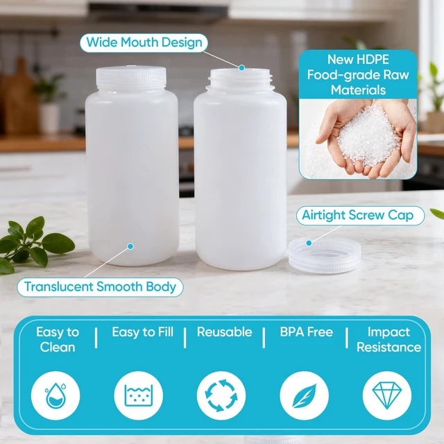 Alt view image 7 of 7 - 32 oz Plastic Bottles with Lids, Airtight Refillable Wide Mouth Travel Bottles for Toiletries, HDPE Food Grade Plastic Containers for Liquids Pill Water Sample Lab Reagent (Translucent, 2 Pcs)