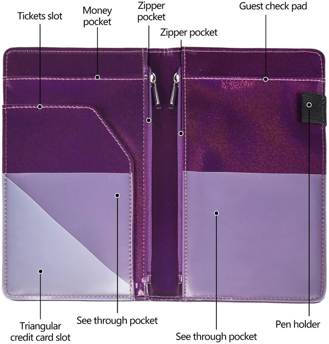Alt view image 4 of 7 - Server Books for Waitress - Glitter Leather Waiter Book Server Wallet with Zipper Pocket, Cute Waitress Book&Waitstaff Organizer with Money Pocket Fit Server Apron (Glitter Purple)