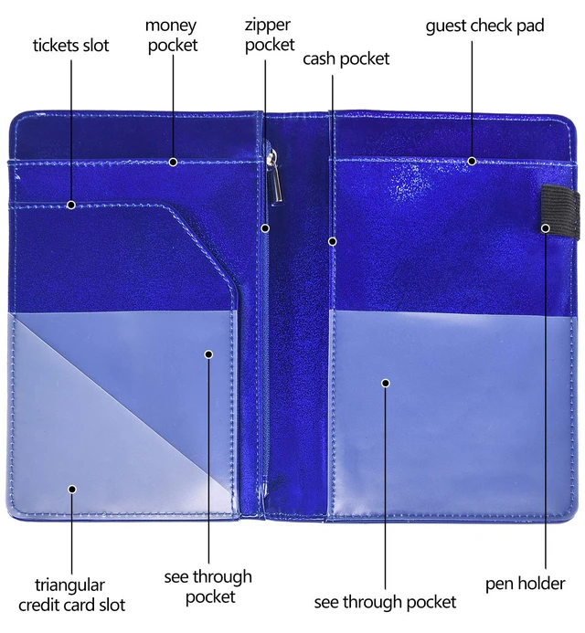 Alt view image 4 of 7 - Server Books for Waitress - Glitter Leather Waiter Book Server Wallet with Zipper Pocket, Cute Waitress Book&Waitstaff Organizer with Money Pocket Fit Server Apron (Glitter Blue)