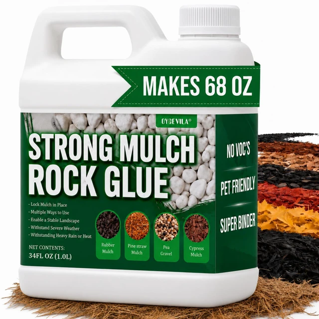 Main image of Oyevila Mulch Glue for Landscaping, 34 oz Concentrated Rock Glue, Pet Safe Water-Based Binder Spray Dries Clear and Helps Hold Mulch, Pea Gravel, Pebbles and Bark While Allowing Water to Pass Through