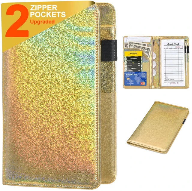Main image of Server Books for Waitress - Glitter Leather Waiter Book Server Wallet with Zipper Pocket, Cute Waitress Book&Waitstaff Organizer with Money Pocket Fit Server Apron (Glitter Golden)