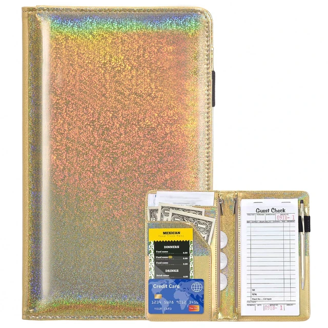 Alt view image 7 of 7 - Server Books for Waitress - Glitter Leather Waiter Book Server Wallet with Zipper Pocket, Cute Waitress Book&Waitstaff Organizer with Money Pocket Fit Server Apron (Glitter Golden)